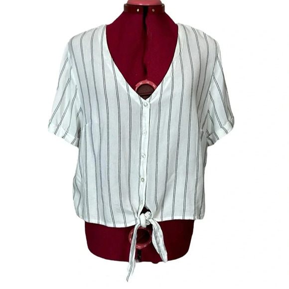 Anko viscose  short sleeve relaxed fit striped blouse waist tie - Picture 1 of 9